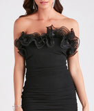 Revamp your 2025 wardrobe with this chic addition, the Krista Strapless Tulle Ruffle Party Dress in black, perfect for elevating your style in the new year.
