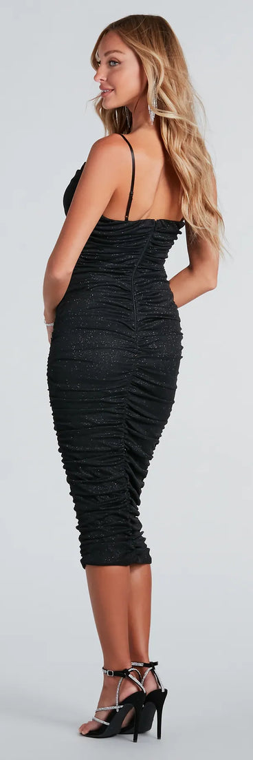 The midi dress length on the Ashlee Formal Glitter Cowl Neck Midi Dress provides an elevated silhouette perfect for any party, occasion, or everyday styling.