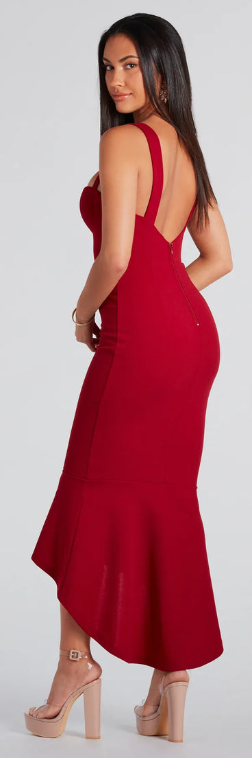 Ramona Formal High-Low Ruffled Mermaid Dress in burgundy , a stylish red dress with a flattering fit and fabric that adds allure to your look, perfect for wedding guest attire, cocktail events, or making a bold statement on a date night.