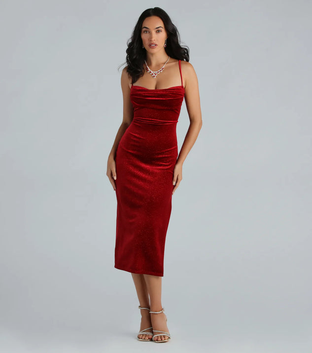 The Christina Glitter Velvet Formal Midi Dress in red is an elevated cocktail dress featuring a chic silhouette, perfect for cocktail parties and spring celebrations with trendy seasonal details.