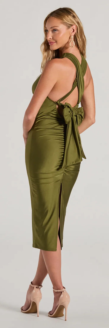 Own every entrance in the Valerie Convertible Bodycon Midi Formal Dress, a olive green party dress perfect for milestone birthdays and grad parties, or dancing through weekend nights and unforgettable bachelorette celebrations.