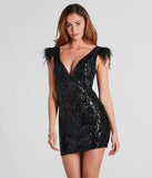 Turn heads in the beaming Jacquelin Sequin Marabou Strap Mini Dress, a stunning black sequin dress designed to add sparkle and elegance to your next night out or special occasion.