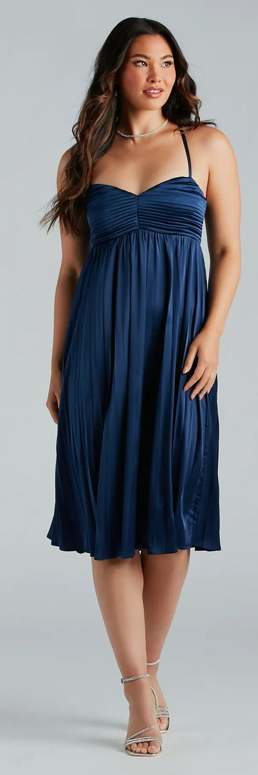 Hailee Formal Satin Pleated A-Line Midi Dress