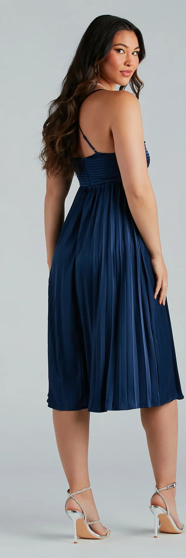 Hailee Formal Satin Pleated A-Line Midi Dress
