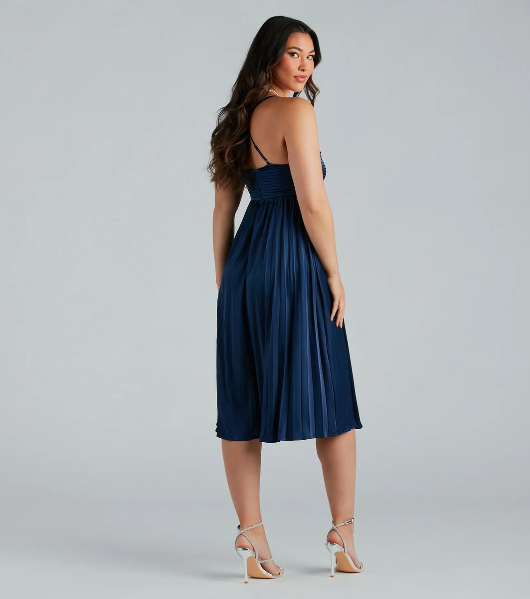 Hailee Formal Satin Pleated A-Line Midi Dress & Windsor