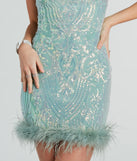 Revamp your 2025 wardrobe with this chic addition, the Angie Feather Trim Sequin Formal Mini Dress in sage green, perfect for elevating your style in the new year.