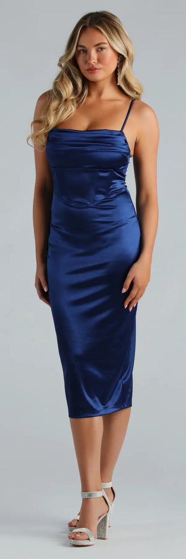 Make the big day unforgettable with the Chrysta Formal Satin Corset Midi Dress, a gorgeous navy blue bridesmaid dress that balances elegance and affordability.