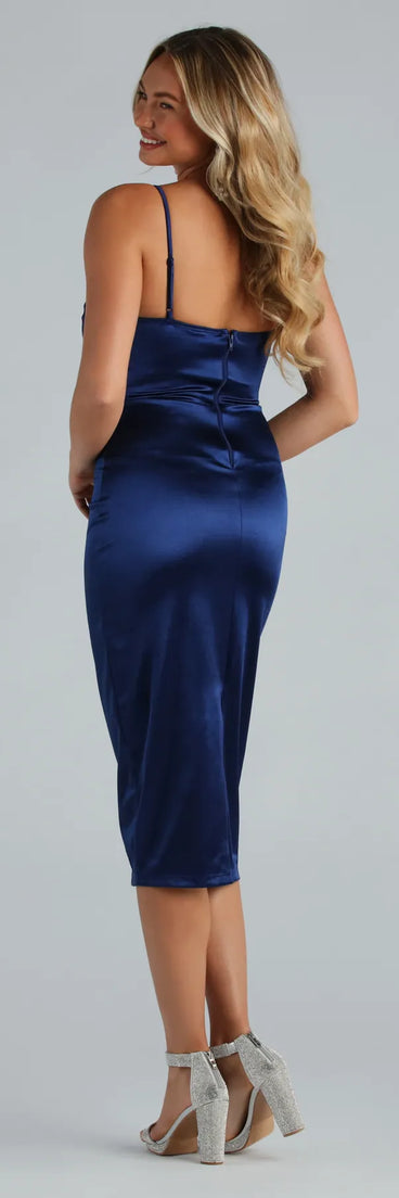 The midi dress length on the Chrysta Formal Satin Corset Midi Dress provides an elevated silhouette perfect for any party, occasion, or everyday styling.