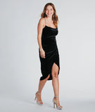 Make a bold statement in the Jaylene Formal Velvet Glitter Midi Dress in black, the perfect spring dress for weddings, cocktail hours, nights out, and/or seasonal celebrations.