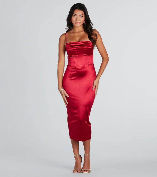 Make the big day unforgettable with the Chrysta Formal Satin Corset Midi Dress, a gorgeous wine bridesmaid dress that balances elegance and affordability.