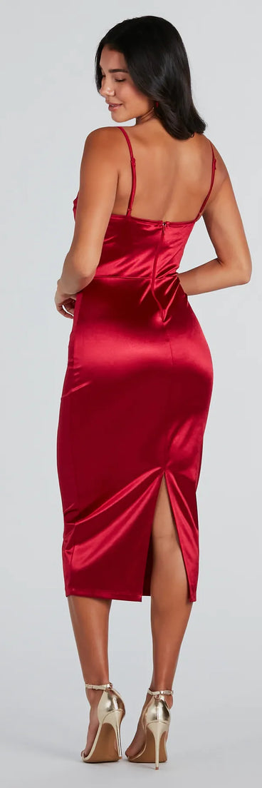 The midi dress length on the Chrysta Formal Satin Corset Midi Dress provides an elevated silhouette perfect for any party, occasion, or everyday styling.