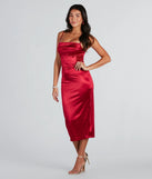 Make a statement in the Chrysta Formal Satin Corset Midi Dress in wine, a bold red prom dress designed to exude confidence, elegance, and a striking prom-night look.