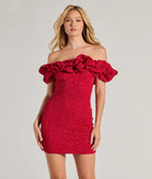 Make a statement in the Ember Off-The-Shoulder Ruffle Glitter Party Dress, a bold red prom dress designed to exude confidence, elegance, and a striking prom-night look.