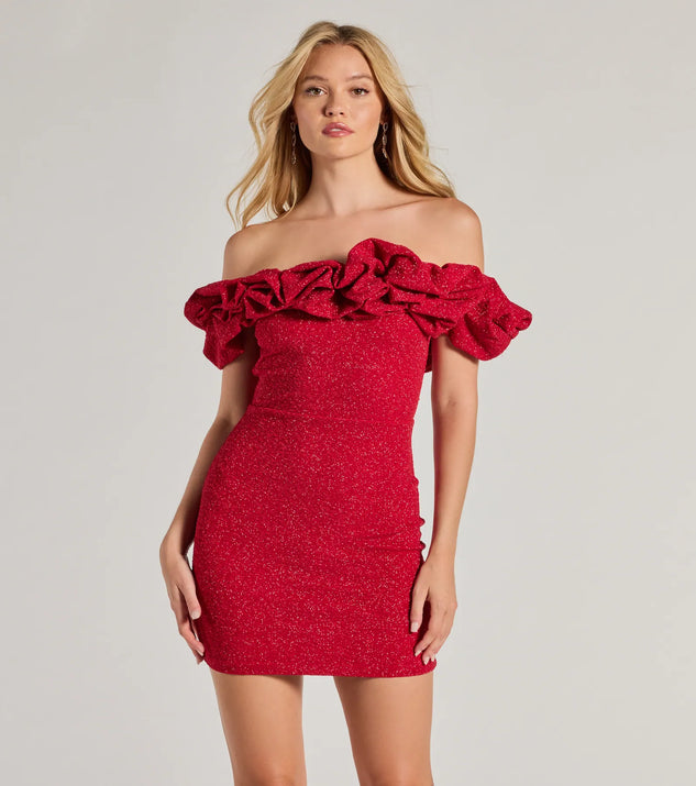 Make a statement in the Ember Off-The-Shoulder Ruffle Glitter Party Dress, a bold red prom dress designed to exude confidence, elegance, and a striking prom-night look.