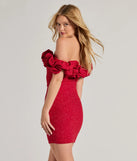 Ember Off-The-Shoulder Ruffle Glitter Party Dress in red , a stylish red dress with a flattering fit and fabric that adds allure to your look, perfect for wedding guest attire, cocktail events, or making a bold statement on a date night.