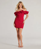 Make a statement in the Ember Off-The-Shoulder Ruffle Glitter Party Dress, a bold red prom dress designed to exude confidence, elegance, and a striking prom-night look.