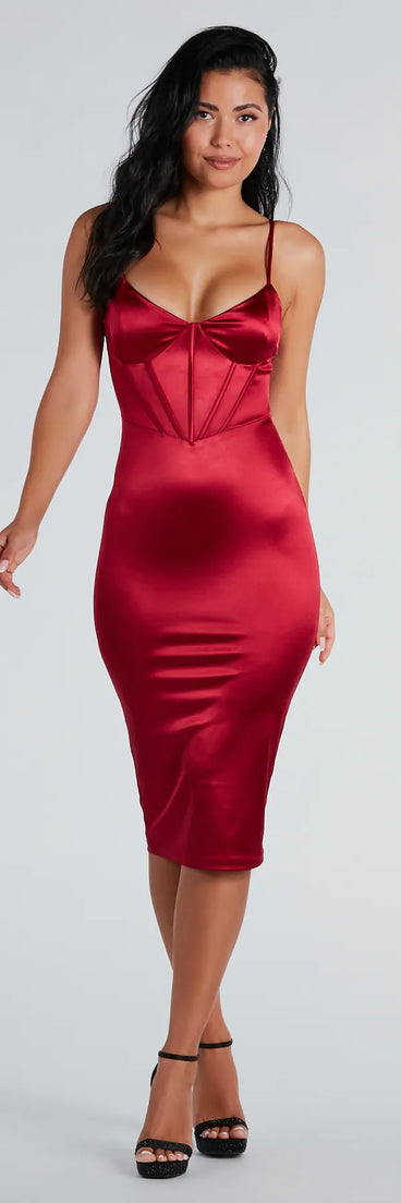 Turn heads at Prom 2025 in this red prom dress, where statement-making details meet the iconic style of the Chantel Formal Satin Corset Lace-Up Midi Dress .