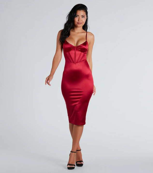 Chantel Formal Satin Corset Lace Up Midi Dress