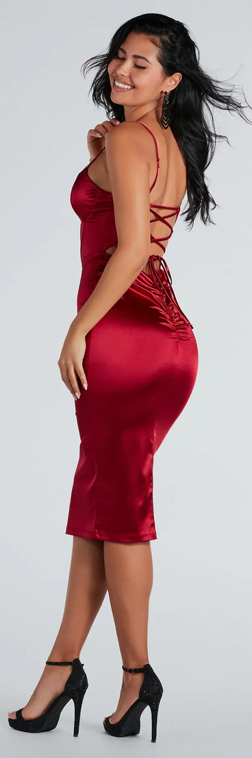 Chantel Formal Satin Corset Lace-Up Midi Dress in red , a stylish red dress with a flattering fit and fabric that adds allure to your look, perfect for wedding guest attire, cocktail events, or making a bold statement on a date night.