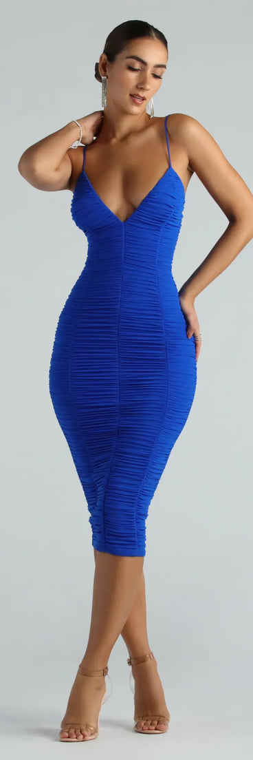 Revamp your 2025 wardrobe with this chic addition, the Bonnie Formal Mesh Ruched Midi Dress in royal blue, perfect for elevating your style in the new year.
