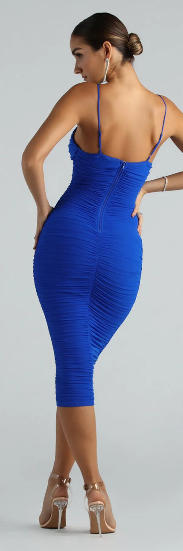 Revamp your 2025 wardrobe with this chic addition, the Bonnie Formal Mesh Ruched Midi Dress in royal blue, perfect for elevating your style in the new year.