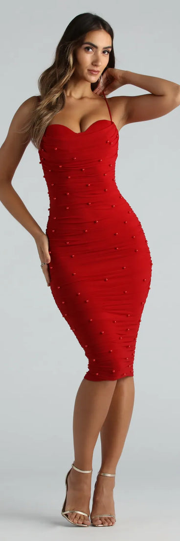 Revamp your 2025 wardrobe with this chic addition, the Zoe Formal Mesh Faux Pearl Midi Dress in red, perfect for elevating your style in the new year.