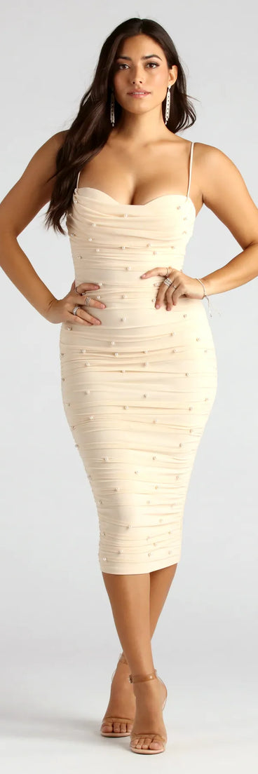 Revamp your 2025 wardrobe with this chic addition, the Zoe Formal Mesh Faux Pearl Midi Dress in ivory, perfect for elevating your style in the new year.