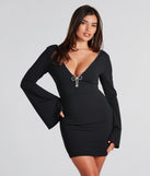 Alaina Rhinestone Trim Bell Sleeve Formal Mini Dress