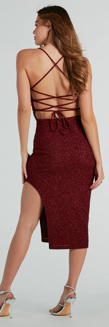 The midi dress length on the Adley Formal Glitter Lace-Up Midi Dress provides an elevated silhouette perfect for any party, occasion, or everyday styling.