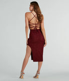 The midi dress length on the Adley Formal Glitter Lace-Up Midi Dress provides an elevated silhouette perfect for any party, occasion, or everyday styling.