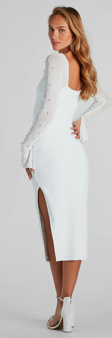 You'll look stunning in the Amy Formal Crepe Faux Pearl Sleeve Midi Dress, a white formal dress designed to create an effortless yet standout look as women's formal holiday attire, work party outfit, or NYE dress.