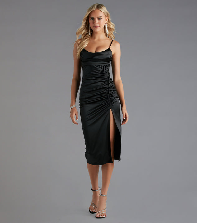 Kristen Formal Satin Cowl Neck Midi Dress