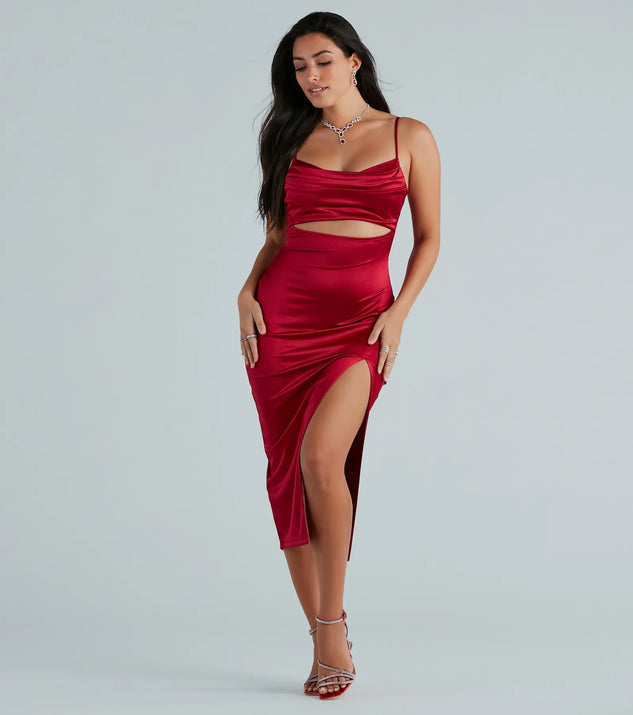 Feel confident and photo-ready in the Seona Formal Satin Midi Dress, a red graduation dress perfect for 2025 ceremonies and parties.