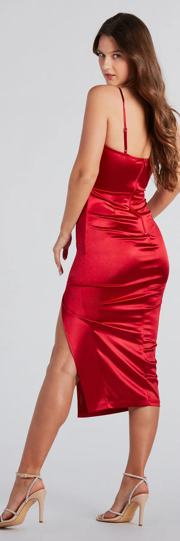 Alena Formal Satin Cowl Neck Midi Dress