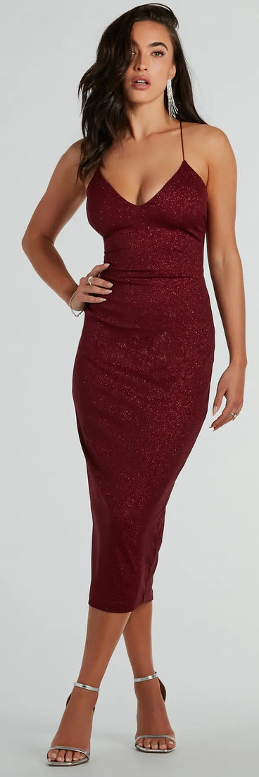 The Lynn Strappy Back Glitter Midi Formal Dress is a shimmery wine glitter dress that catches the light beautifully, perfect for any special outfit like Winter Formal attire, clubwear, or a wedding guest dress.
