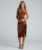 The midi dress length on the Emilia Satin High Slit Formal Midi Dress provides an elevated silhouette perfect for any party, occasion, or everyday styling.