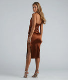 The midi dress length on the Emilia Satin High Slit Formal Midi Dress provides an elevated silhouette perfect for any party, occasion, or everyday styling.