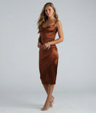 The midi dress length on the Emilia Satin High Slit Formal Midi Dress provides an elevated silhouette perfect for any party, occasion, or everyday styling.