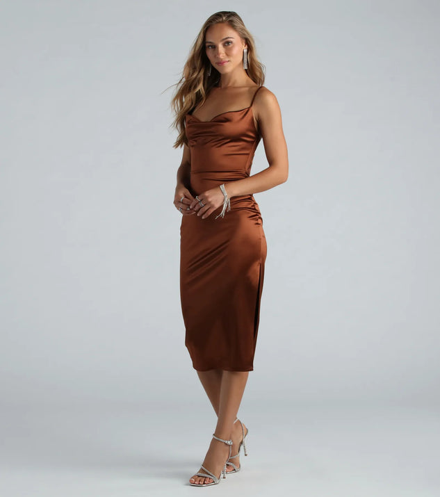 Emilia Satin High Slit Formal Midi Dress
