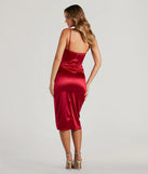 The Margaret Formal Satin Wrap Midi Dress helps create a chic burgundy women's cocktail outfit with a trendy texture and stylish design, ideal for wedding guest cocktail outfits or dinner parties