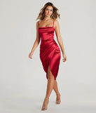Make a bold statement in the Margaret Formal Satin Wrap Midi Dress in burgundy, the perfect spring dress for weddings, cocktail hours, nights out, and/or seasonal celebrations.