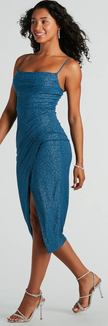 Revamp your 2025 wardrobe with this chic addition, the Joelle Wrap-Front Glitter Knit Formal Midi Dress in denim blue, perfect for elevating your style in the new year.