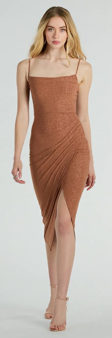 Revamp your 2025 wardrobe with this chic addition, the Joelle Wrap-Front Glitter Knit Formal Midi Dress in copper, perfect for elevating your style in the new year.