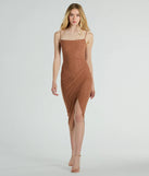 Revamp your 2025 wardrobe with this chic addition, the Joelle Wrap-Front Glitter Knit Formal Midi Dress in copper, perfect for elevating your style in the new year.
