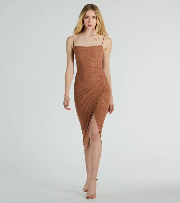 Revamp your 2025 wardrobe with this chic addition, the Joelle Wrap-Front Glitter Knit Formal Midi Dress in copper, perfect for elevating your style in the new year.