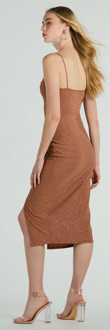 The midi dress length on the Joelle Wrap-Front Glitter Knit Formal Midi Dress provides an elevated silhouette perfect for any party, occasion, or everyday styling.