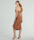 The midi dress length on the Joelle Wrap-Front Glitter Knit Formal Midi Dress provides an elevated silhouette perfect for any party, occasion, or everyday styling.