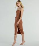 Revamp your 2025 wardrobe with this chic addition, the Joelle Wrap-Front Glitter Knit Formal Midi Dress in copper, perfect for elevating your style in the new year.