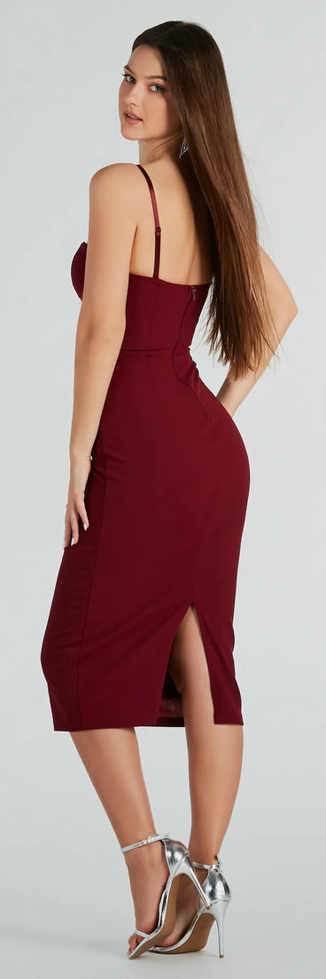 Emmy Formal Corset Bodycon Midi Dress in burgundy , a stylish red dress with a flattering fit and fabric that adds allure to your look, perfect for wedding guest attire, cocktail events, or making a bold statement on a date night.