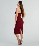 Emmy Formal Corset Bodycon Midi Dress in burgundy , a stylish red dress with a flattering fit and fabric that adds allure to your look, perfect for wedding guest attire, cocktail events, or making a bold statement on a date night.